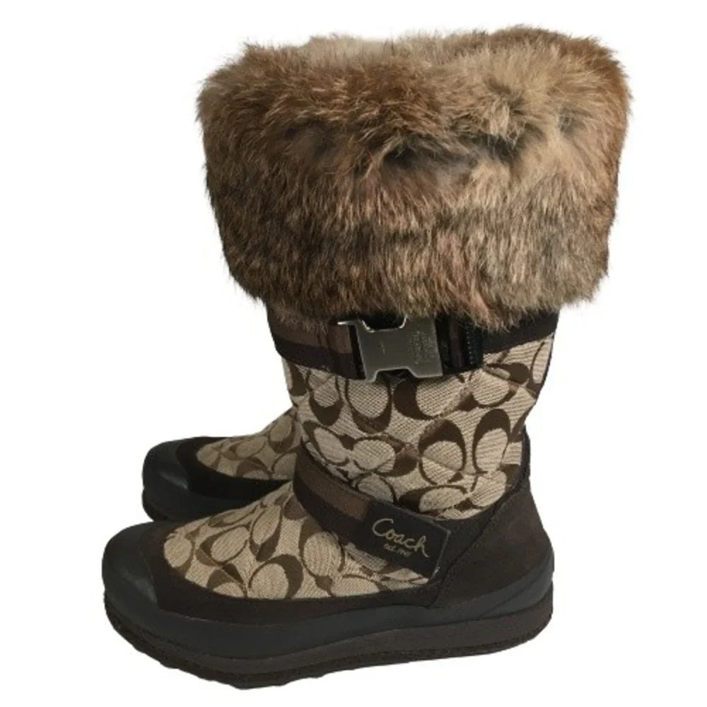 Coach Mariette Winter Snow Boot Sz 6M A7185 Signature Canvas Suede Fur Trim